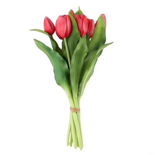 Künstliche Tulpen, fühlen sich echt an, PU, 7 Stück, 33 cm, künstlicher Tulpen-Blumenstrauß für Heimdekoration, Hochzeit, Party, Tischdekoration (rot) von YobiLife
