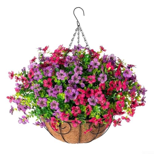 Künstliches violettes Blumenampel-Set, 25 cm, mit Metallkette und Kokosfutter, Seidenblumen, Innen- und Außenbereich, Hausgartendekoration (A043-10) von YobiLife