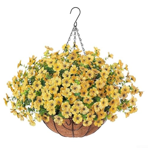 Künstliches violettes Blumenampel-Set, 25 cm, mit Metallkette und Kokosfutter, Seidenblumen, Innen- und Außenbereich, Hausgartendekoration (A043-13) von YobiLife