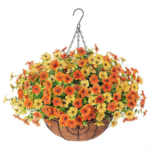 Künstliches violettes Blumenampel-Set, 25 cm, mit Metallkette und Kokosfutter, Seidenblumen, Innen- und Außenbereich, Hausgartendekoration (A043-14) von YobiLife