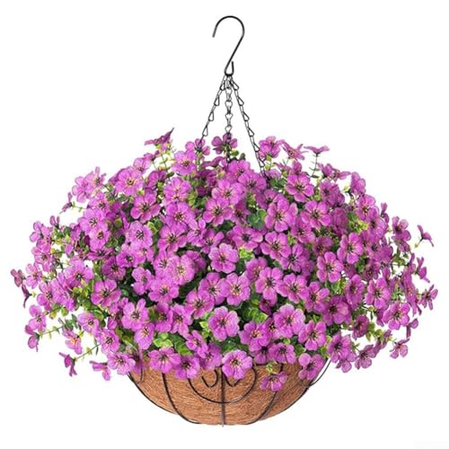 Künstliches violettes Blumenampel-Set, 25 cm, mit Metallkette und Kokosfutter, Seidenblumen, Innen- und Außenbereich, Hausgartendekoration (A043-8) von YobiLife