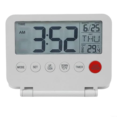 Reisewecker mit LCD-Bildschirm, Kalender, Temperaturanzeige, einstellbare Lautstärke, Hintergrundbeleuchtung, Wochenendmodus, 12/24 Stunden (weiß) von YobiLife