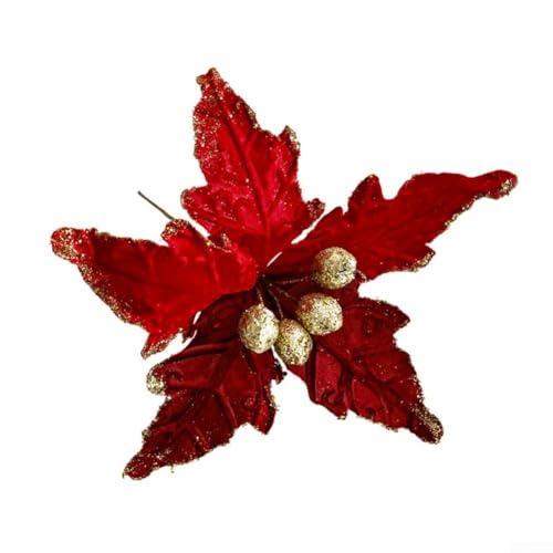 Saisonale dekorative künstliche Blume mit goldfarbenem Paillettenrand und beflockter Textur, entworfen für den Einsatz in Weihnachtskränzen, Treppengeländern und Tafelaufsätzen (rot) von YobiLife
