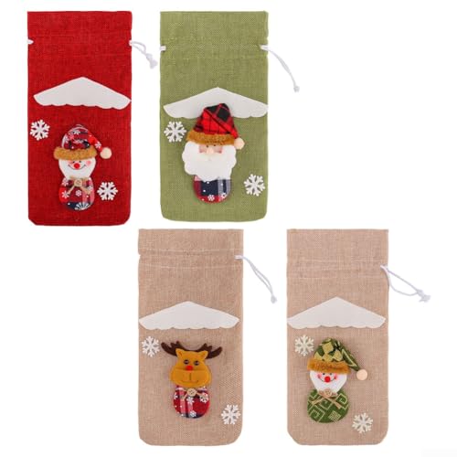 Weihnachtliche Weinflaschenhülle mit Weihnachtsmann- und Schneemann-Drucken, weiches Stoffmaterial und Kordelzug-Verschluss für sicheren Sitz auf Weinflaschen während der Feiertage (C) von YobiLife