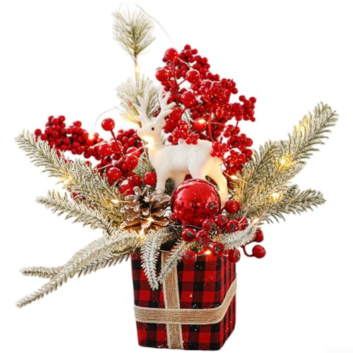 Weihnachtsbaum-Blumenarrangement, künstliche Tannenzapfen, Tannenzapfen, dekorative Beeren, LED-Lichter, festliches Herzstück für Kaminsims, Tisch, rotes Verbundmaterial, Urlaubsdekoration (A) von YobiLife