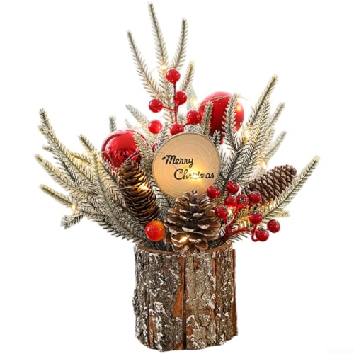 Weihnachtsbaum-Blumenarrangement künstliche Tannenzapfen Tannenzapfen dekorative Beeren LED-Lichter festliches Herzstück für Kaminsims Tisch Rot Verbundmaterial Urlaubsdekoration (E) von YobiLife