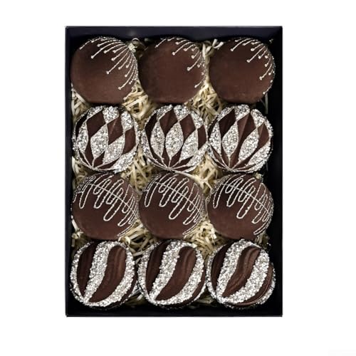 YobiLife 12 Stück 8 cm festliche Weihnachtskugeln, glitzernd, beflockt, hängende Kugeln für Baum, Kranz und saisonale Dekoration (XM0167S – Braun) von YobiLife