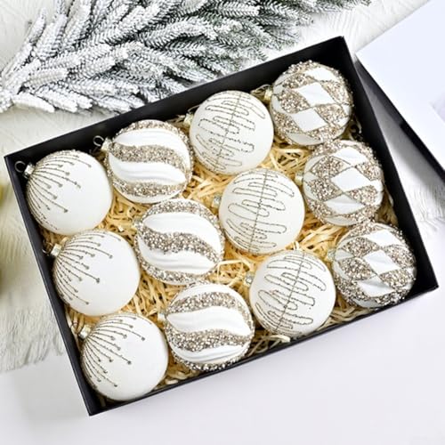 YobiLife 12 Stück 8 cm festliche Weihnachtskugeln, glitzernd, beflockt, hängende Kugeln für Baum, Kranz und saisonale Dekoration (XM0167S – Weiß) von YobiLife