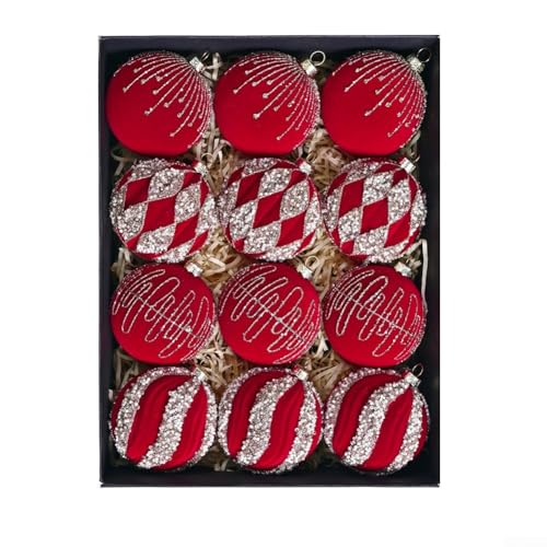 YobiLife 12 x 8 cm festliche Weihnachtskugeln, glitzernd, beflockt, hängende Kugeln für Baum, Kranz und saisonale Dekoration (XM1S-9 Stück, rot) von YobiLife