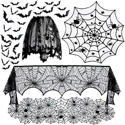 YobiLife 5-teiliges Halloween-Dekorationsset mit Spinnennetz-Tischdecke, Kaminschal, Spitzen-Lampenschirm und 3D-Fledermaus-Aufklebern für Zuhause YobiLife 5-teiliges Halloween-Dekorationsset mit Spinnennetz-Tischdecke, Kaminschal, Spitzen-Lampenschirm und 3D-Fledermaus-Aufklebern für Zuhause von YobiLife