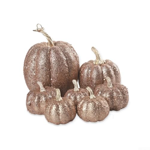 YobiLife 7-teiliges goldenes Glitzer-Kürbis-Set für Herbst und Halloween, Kunststoff-Kürbisse in verschiedenen Größen für mehrlagige festliche Tisch- und Regaldekoration (antikes Kupfer) von YobiLife