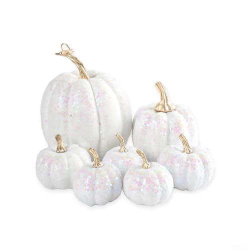 YobiLife 7-teiliges goldenes Glitzer-Kürbis-Set für Herbst und Halloween, Kunststoff-Kürbisse in verschiedenen Größen für mehrlagige festliche Tisch- und Regaldekoration (weiß) von YobiLife