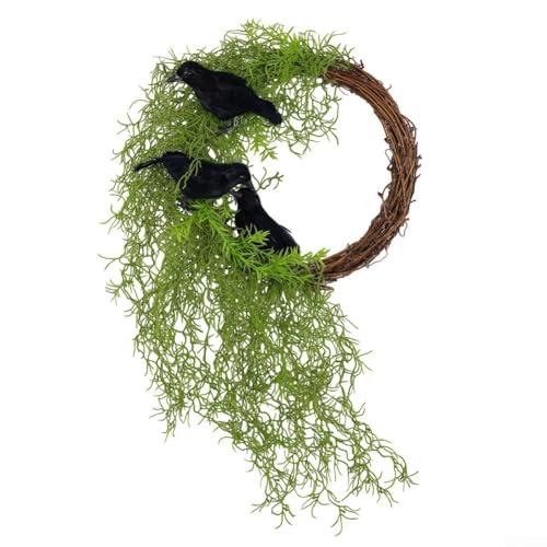 YobiLife Halloween Krähe und Blumenkranz für Haustür hängen, Herbst Garten Rebe saisonale Wanddekoration von YobiLife