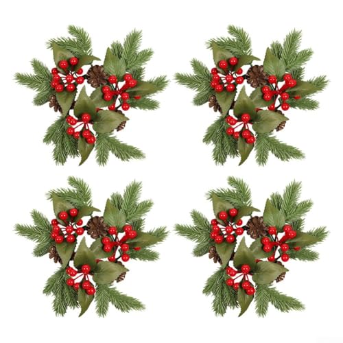 YobiLife Kerzenringe für Weihnachten, 4 Stück, mit roten Beeren, Tannenzapfen, für Feiertagsdekoration (1) von YobiLife