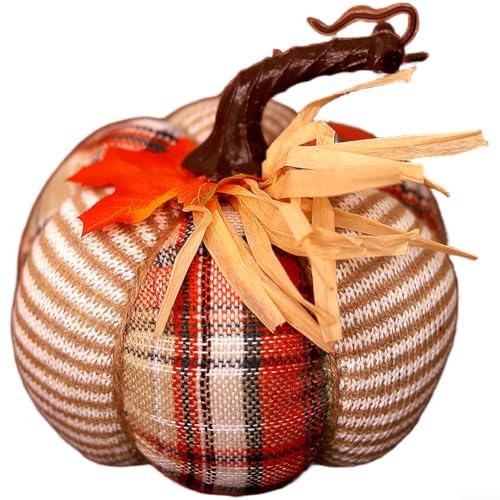 YobiLife Künstliche Kürbis-Tischdecke, Kürbis-Ornament mit lustigem Cartoon-Design, kompakte Größe, geeignet für Herbsternte, Party-Dekorationen und Displays (beige mit Karomuster) von YobiLife