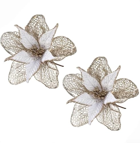 YobiLife Künstliche Weihnachtsblumen, 23 cm, glitzernde Weihnachtsakzente für Baum, Kränze, Tischdekoration und Hochzeiten (helles, warmes Gold) von YobiLife