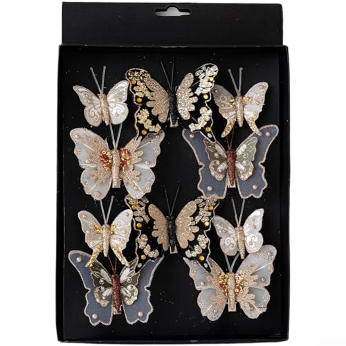 YobiLife Weihnachtliches Deko-Set aus Stoff mit Federn und Schmetterlingen, 5–7 cm, mehrfarbig, Ornamente für Baum und Kranz (Schwarz/Gold) von YobiLife
