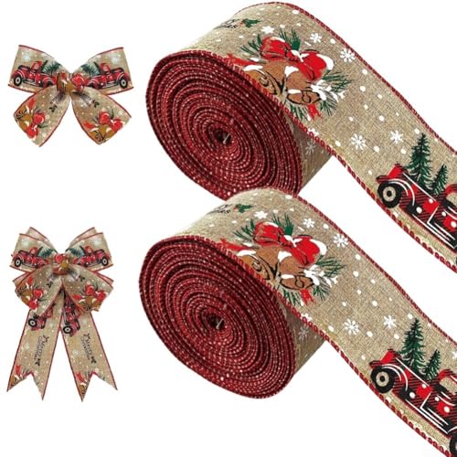 YobiLife Weihnachtsband-Set mit Drahtkante, Vintage-LKW- und Baum-Muster, glitzernde Schneeflocken-Akzente, 2 Rollen für Urlaubsprojekte YobiLife Weihnachtsband-Set mit Drahtkante, Vintage-LKW- und Baum-Muster, glitzernde Schneeflocken-Akzente, 2 Rollen für Urlaubsprojekte von YobiLife