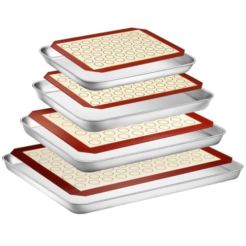 Yododo Backblech mit Silikonmatte Set, 8er Set (4 Blatt + 4 Matten) Edelstahl Plätzchenblech Backformen mit Wiederverwendbarer Silikon-Backmatte, ungiftig & strapazierfähig & leicht zu reinigen von Yododo