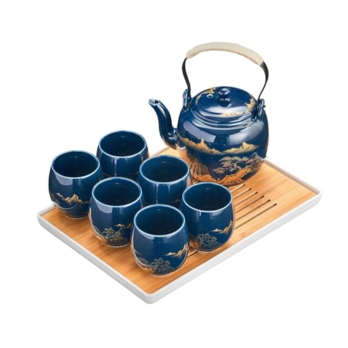 YoeEoay Chinesisches Blaues Keramik Teeservice Set Mit Goldenen Landschaftsmotiven, 1 Teekanne Mit Filter, 6 Teetassen, 1 Bambus-Teetablett, Porzellan Teeset In Geschenkbox, Perfekt Für Teeliebhaber YoeEoay Chinesisches Blaues Keramik Teeservice Set Mit Goldenen Landschaftsmotiven, 1 Teekanne Mit Filter, 6 Teetassen, 1 Bambus-Teetablett, Porzellan Teeset In Geschenkbox, Perfekt Für Teeliebhaber von YoeEoay