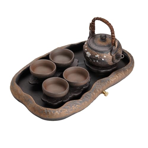 YoeEoay Handgefertigtes Traditionelles Chinesisches Ton-Teeservice - Set Mit Teekanne (350ml), 4 Teebechern (50ml) Und Serviertablett Im Reservoir-Stil von YoeEoay