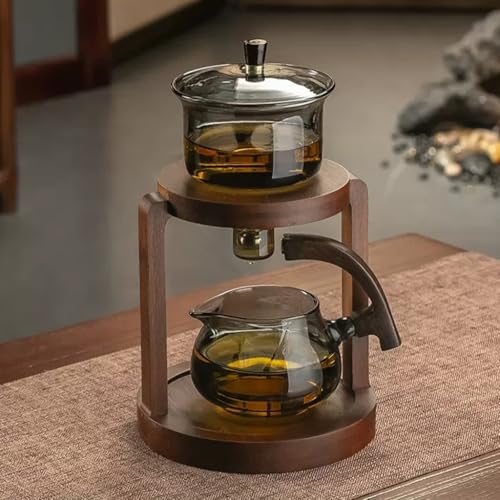 YoeEoay Hochwertig Lazy Tea Set Vintage Teekanne Holzsockel Hitzebeständiges Glas - Teeset, Magnetische Wasserumleitung, Halbautomatisches Teeset Ideal Für Grüntee, Kräutertee Und Tee (Durchscheinend) von YoeEoay