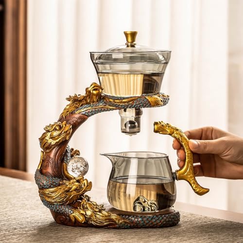 YoeEoay Teeservice Glas Teekanne Mit Magnet, Drachen Design Lazy Kungfu Glasteeservice Halbautomatisches Teeset, Geeignet Für Teeliebhaber, Jungen Und Mädchen Chinesisches Teeservice Set (Gold) von YoeEoay