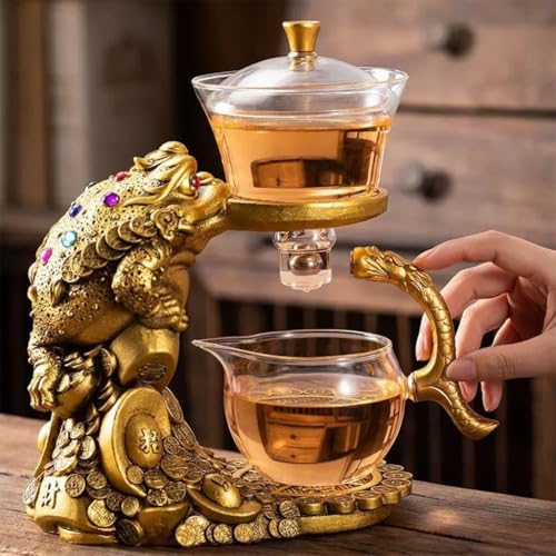 YoeEoay Teeservice Glas Teekanne Mit Magnet, goldene Kröte Design Lazy Kungfu Glasteeservice Semi Automatic Tea Set, Geeignet Für Teeliebhaber, Jungen Und Mädchen Chinesisches Teeservice Set (Gold) von YoeEoay