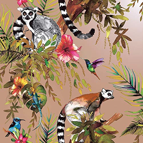 Tapete mit Lemur-Motiv, Farben: Rosa, Gold, Thema: tropisch, Dschungel, Vögel, Blumen, Bäume, Tiere von YöL