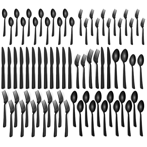 60-teiliges schwarzes Besteck-Set, Premium-Edelstahl-Besteck-Set für 12 Personen, Yoehka hochglanzpoliertes Geschirr-Set für Zuhause und Restaurant, inklusive Messer/Löffel und Gabel, von Yoehka