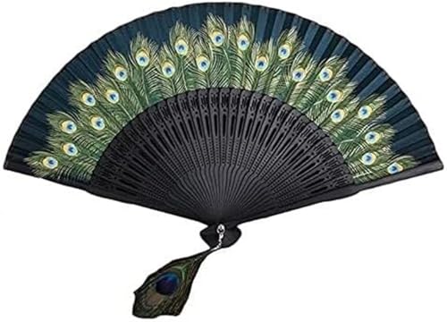 Yoeoefuo Handfächer Klappfächer Chinesischer Pfauenmuster Seide-Fächer Faltbarer Manueller Fächer Tragbar Facher Taschenfächer Für Dekoration Hochzeit Geschenk(Grün) von Yoeoefuo