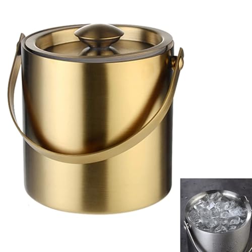 Yoeoefuo Ice Cube Tray 2l / 3l Eiskübel Mit Deckel Ice Bucket Edelstahl Eiswürfelbehälter Doppelwandig Lsoliert Eisbehälter Tragbar Multifunktional Partykühler Eisfass Grillparty Zubehör(Gold,2L) von Yoeoefuo