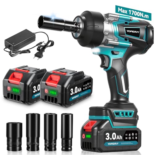 Yofidra 1700Nm Akku Schlagschrauber, 1/2" Bürstenloser Schlagschrauber mit 2x3.0Ah Akku, 3 Gänge, LED-Licht,4 Stecknüsse,Elektrischer Drehschlagschrauber für Automobile und Schwerer Maschinenreparatur Yofidra 1700Nm Akku Schlagschrauber, 1/2" Bürstenloser Schlagschrauber mit 2x3.0Ah Akku, 3 Gänge, LED-Licht,4 Stecknüsse,Elektrischer Drehschlagschrauber für Automobile und Schwerer Maschinenreparatur von Yofidra