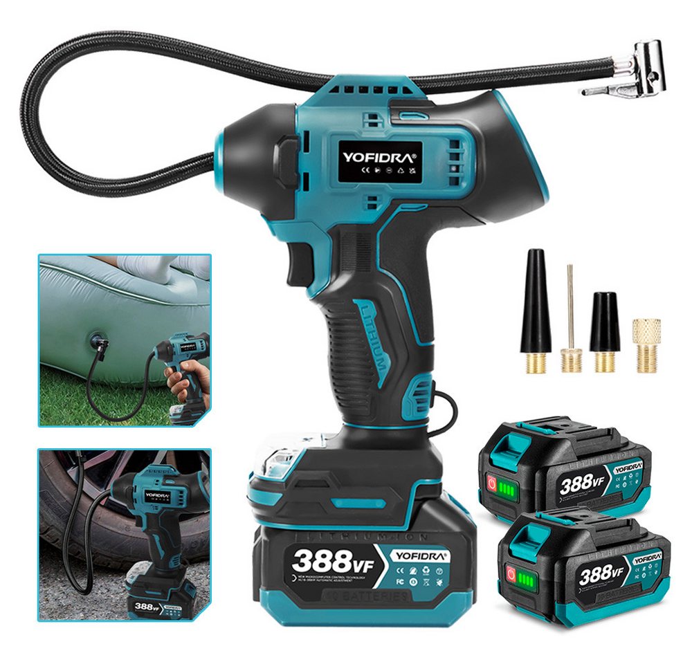 Yofidra Akku-Handkompressor Elektrisch Kompressor 11 bar Autoreifen Luftpumpe mit 2x Akkus, 200 W, max. 11 bar, Manometer, 160 PSI Tragbare Luftkompressor für Auto, Motorrad, Fahrrad von Yofidra