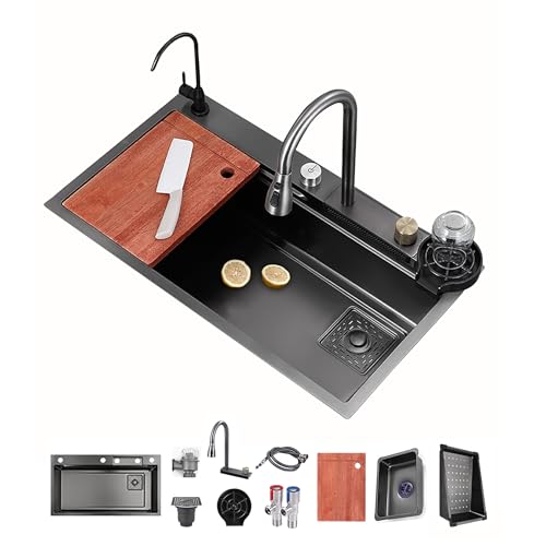 Spülbecken Schwarz Küche Kitchen Sink Wasserfall Spüle Küchenspüle Edelstahl, Single Bowl Einbauspüle Schwarz Waschbecken Große Spülbecken 1 Becken Mit Abnehmbaren Wasserhahn (Size : 75x45x21cm) von Yofsza