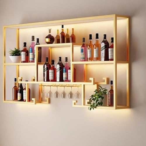 Weinregal zur Wandmontage mit Weinglashalter, wandhängendes Weinregal mit LED-Licht, Regal für Likörflaschen, Wand-Weinregale, schwebende Barregale für die Dekoration von Küchenbars(Color:Gold,Size:10 von Yofsza