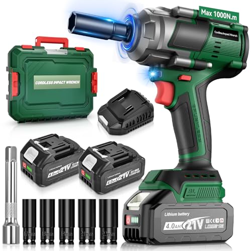 Yofuly 1000Nm Akku Schlagschrauber Kompatibel mit Makita 18V 21V, 2× 4.0Ah Batterie, 2300RPM 1/2 Zoll Hohes Drehmoment Elektro Schlagschrauber Bürstenloser mit 5 Stecknüssen + Verlängerung von Yofuly