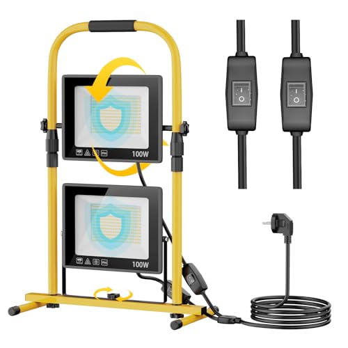 Yofuly 200W LED Baustrahler mit Stativ und 3M Kabel & Unabhängiger, Stand Led Arbeitsleuchte 2 Einstellbare Leuchte Kopf, IP66 Wasserdicht 6500K Weißes Licht Baustellenlampe für Werkstatt, Garage von Yofuly