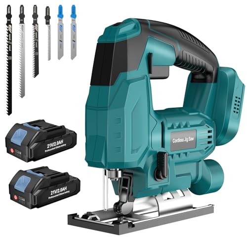 Yofuly Akku-Stichsäge für Makita 18V Akku, Stichsäge mit 2 * 2,0Ah Akku Variable Geschwindigkeit, Gehrungswinkel (0°-45°), 3-Positionen-Exzenterstichsäge zum Schneiden von Holz, PVC und Metall von Yofuly