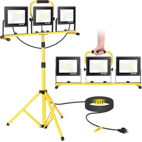 Yofuly Baustrahler mit Stativ 3x70W, LED Strahler Baustellenlampe 21000 Lumen Arbeitsleuchte mit Individuellem Schalter, 5M/16.4FT Kabel, Höhenverstellbar bis Max. 200cm Bauscheinwerfer Innen Außen von Yofuly