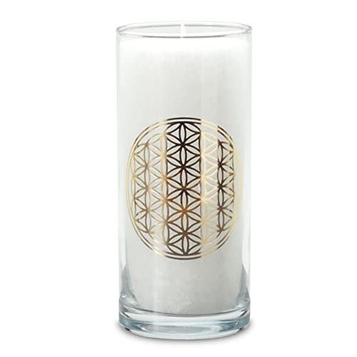 Yogabox MAGISCHE Kerze Weiß mit dem goldenen Etikett Blume des Lebens ca. 14 cm von Yogabox