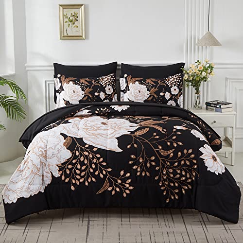 Yogeneg 7-teiliges Bett-in-Beutel-Bettwäsche-Set für King-Size-Bett, Botanisches Blumenmuster, weiße Blumenblätter gedruckt auf schwarzem Wendedesign, weiche Mikrofaser-Bettdecke mit Bettlaken-Set, Yogeneg 7-teiliges Bett-in-Beutel-Bettwäsche-Set für King-Size-Bett, Botanisches Blumenmuster, weiße Blumenblätter gedruckt auf schwarzem Wendedesign, weiche Mikrofaser-Bettdecke mit Bettlaken-Set, von Yogeneg
