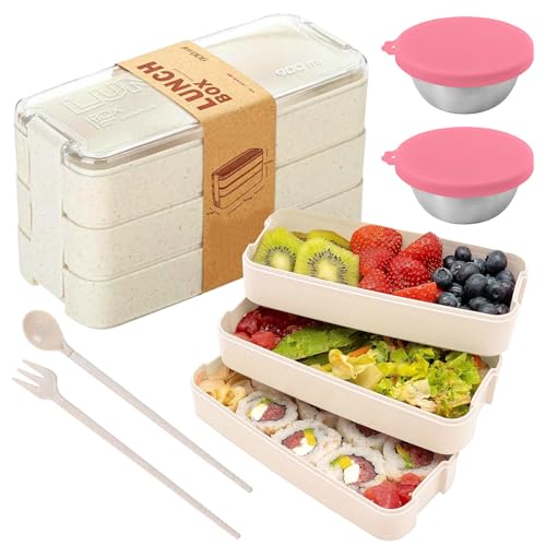Yoirzit Bento Box Lunchbox Brotdose, 3 Fächer Stapelbare Bento Lunch Box mit 2 Saucenbehälter, Lecksicher, Mikrowelle sicher, meal prep boxen für Erwachsene Kinder Schule Picknick Büro Reise von Yoirzit