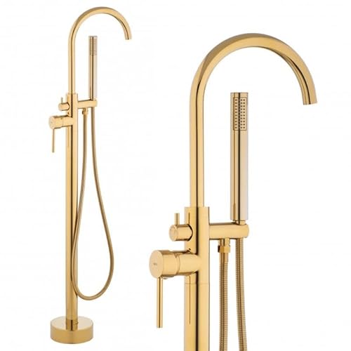 Yoka Home - Freistehende Badewannearmatur mit Handbrause - Wasserhahn für Badewanne Freistehend - Mischbatterie - Wannenarmatur Drehbar - Bodenmontage - Gold von Yoka Home