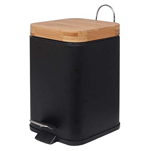 Yoka Home - Kleiner Mülleimer Bad und Küche Kosmetikeimer Schwarz Badezimmer-Mülleimer- Badmülleimer Tretmülleimer mit Holzdeckel - Badeimer - Matt - 3 L von Yoka Home