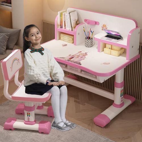 Funktionales Schreibtisch- und Stuhl-Set für Kinder, höhenverstellbar, für Schule, Studium, Tischstühle mit Cartoon-Muster, ergonomischer Schreibtischstuhl mit großer Tafel, Schüler-Schreibtisch-Set von Yokawe