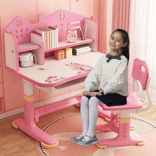 Kinder Funktionales Schreibtischstuhl-Set, höhenverstellbarer Lerntisch für Kinder, Schulschreibtische mit Schlossrückwand, ergonomischer Stuhl, geräumige Schublade, rosa Schreibtisch-Set für Mädchen Kinder Funktionales Schreibtischstuhl-Set, höhenverstellbarer Lerntisch für Kinder, Schulschreibtische mit Schlossrückwand, ergonomischer Stuhl, geräumige Schublade, rosa Schreibtisch-Set für Mädchen von Yokawe