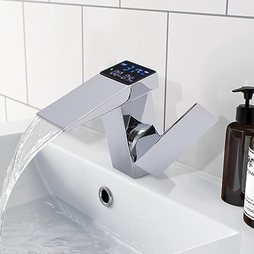 Elektrischer Wasserhahn, Küchenarmatur Wasserfall Wasserhahn mit LED Display, Wassertemperaturbereich 5-96℃, Waschtischarmatur Bad/Küche Einhand Spültischarmatur, Silber von Yolancity