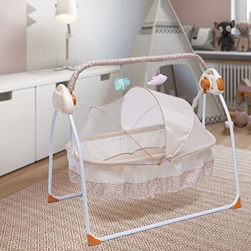 Yolancity Elektrische Babywippe Babyschaukel 90 * 50 * 83cm Stubenwagen Babybett Kinderbett mit Fernsteuerung Moskitonet Spielzeugregal, Timing-Funktion, Zusammenklappbar, Musikwiedergabe, Khaki von Yolancity