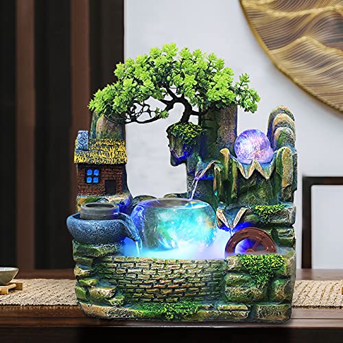 Zimmerbrunnen mit LED, Zimmerbrunnen Wasserfall mit Beleuchtung Desktop, Tischbrunnen mit Nebel Befeuchtung, Pflanze Ornament für Schlafzimmer Arbeitszimmer Büro, 30 x 20 x 36cm Grün von Yolancity